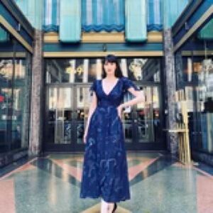 Laura burns pinup girl Ashley 70’s faux wrap dress with cape in witchy toile med